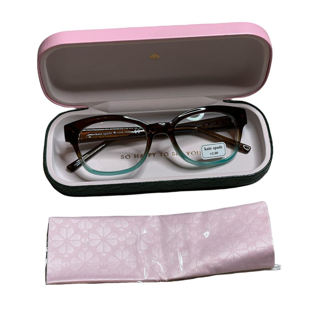 kate spade Brown and Teal Cat-Eye Reading Glasses with Pink Case